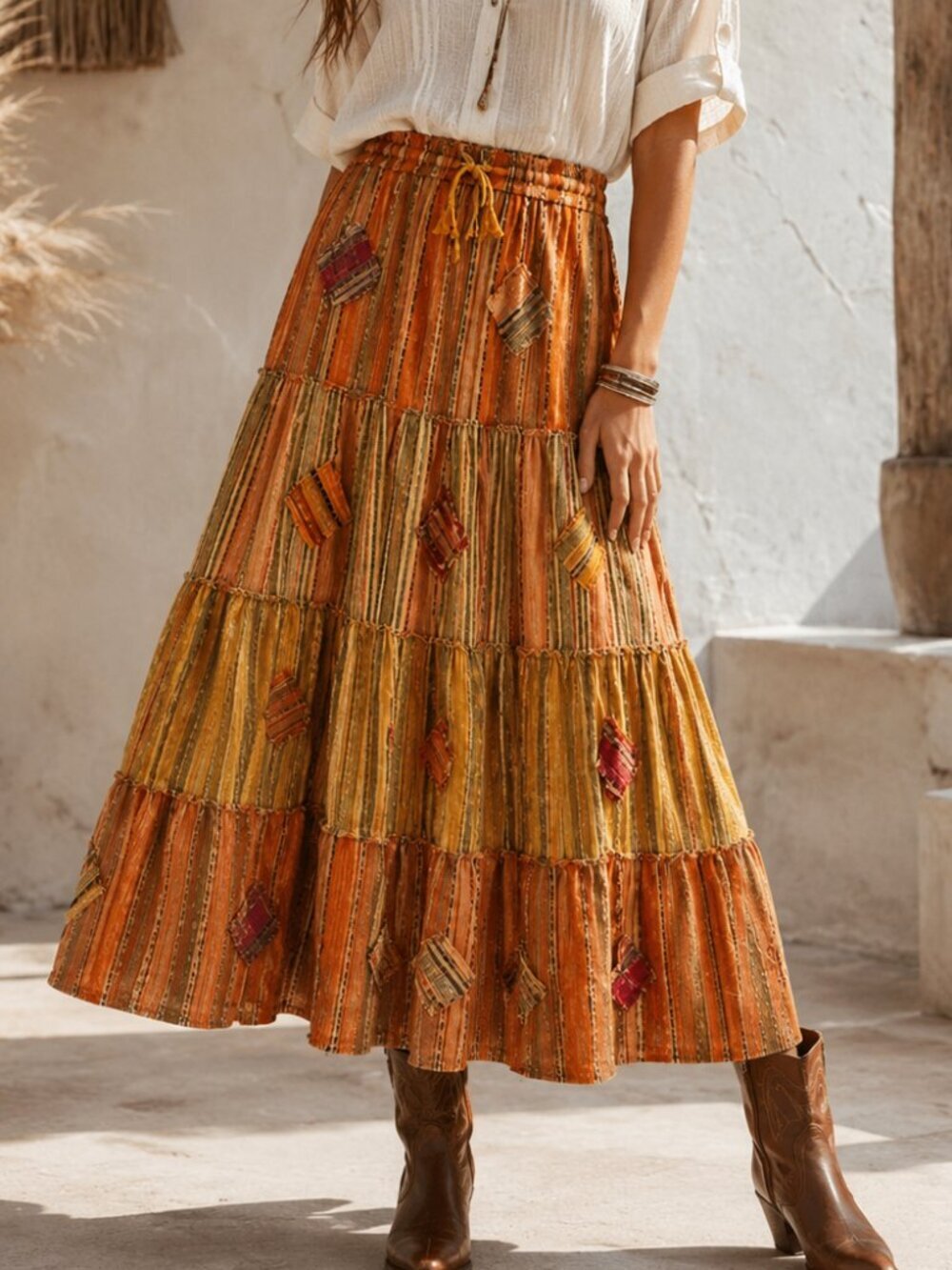 Kathmandu Imports Vintage Boho Patchwork Tiered Pull-on Midi Skirt SZ M/L